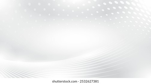 Abstract White Background With Wave Lines And Halftone. Futuristic Wallpaper. Business Banner. Vector Illustration. Perspective. Technology Backdrop