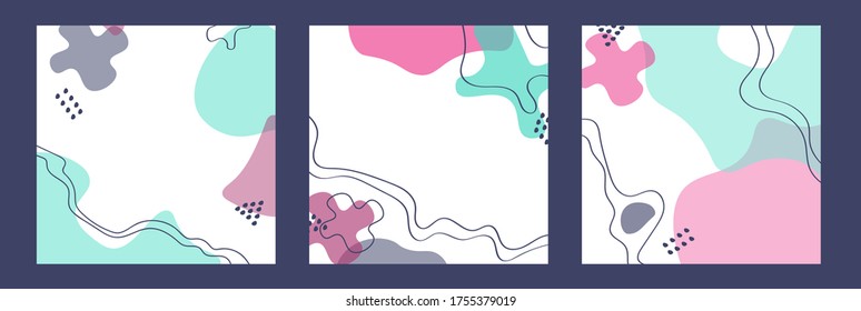 Abstract white backgrounds set. Hand drawn shapes and doodle objects lines and dots. Contemporary trendy vector stock illustrations. Bright colors. Banner, brochure, post template, space for text.