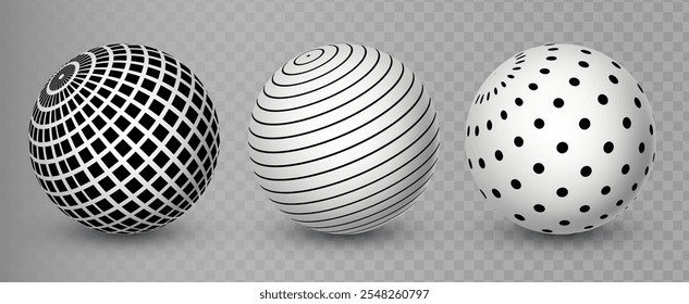 Abstract white ball set with black pattern. Sphere collection. 3d circle shapes. Round dotted and striped design elements for poster, banner, cover, emblem. Vector EPS 10