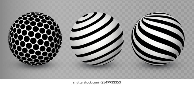 Abstract white ball set with black pattern. Sphere collection. 3d circle shapes. Round dotted and striped design elements for poster, banner, cover, emblem. Vector EPS 10