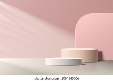 Abstract white and beige realistic 3D cylinder pedestal podium set with geometric shape backdrop and shadow. pastel minimal scene for product display presentation. Vector rendering geometric platform.