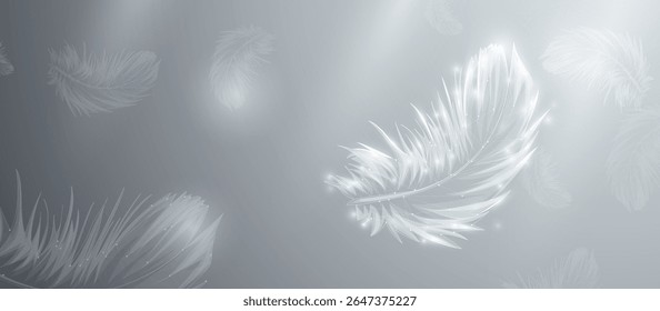 Abstract white bird feathers falling in the air. Low polygonal, wireframe, linear and mesh. Vector illustration