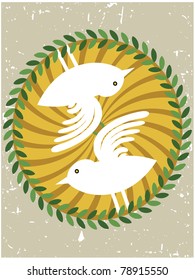 Abstract white birds inside swirl circle garland grungy backdrop