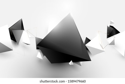 Abstract white and black 3d pyramids chaotic background. Vector illustration