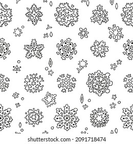 Resumen de fondo blanco y negro. Patrón sin foco. Envuelto, muestra de tela para la víspera de Navidad. Textil con copos de nieve. Papel de invierno impreso. Papel de regalo de garrapatas. Vector de año nuevo. 