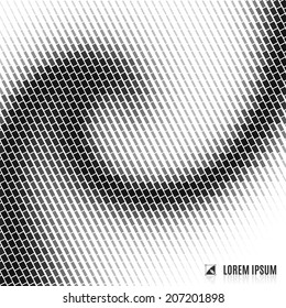 abstract white and black blurred  curve decorative background with halftone, spiral, stream, swirl and vortex