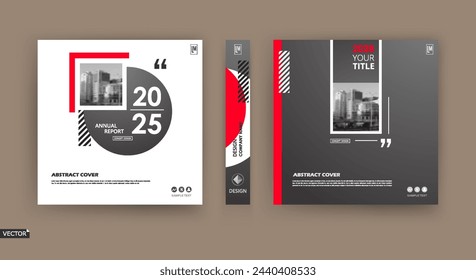 Abstract white black brochure cover design. Fancy info banner frame. Modern ad flyer text. Annual report binder. Title sheet model set. Fancy vector front page. City font blurb art. Red line figure