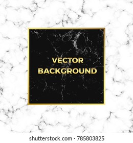 Abstract white and black marble stone texture greeting card with gold square frame, place your text. Templates for your designs, banner, flyer, invitation, party, birthday, wedding. Trendy vector

