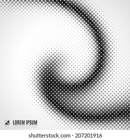 abstract white and black vibrant blurred curve decorative background with halftone, geometric element, spiral, stream, swirl, dots and vortex