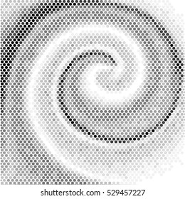 Abstract white and black vibrant blurred curve decorative background with halftone, geometric element, spiral, stream, swirl, dots and vortex