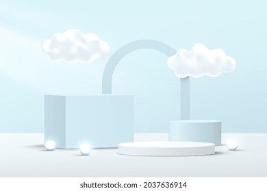 Resumen de podio peatonal blanco, azul 3D cubo y cilindro con volante en la nube y fondo de arcos. Escena de pared mínima azul pastel para presentación de productos. Plataforma de representación geométrica vectorial.