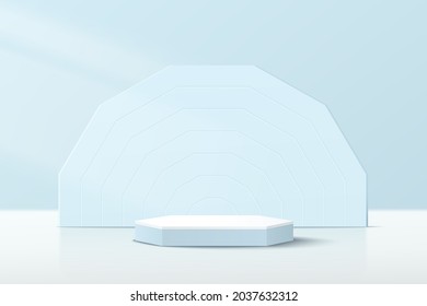 Abstract white, blue 3D hexagonal pedestal podium with blue geometric backdrop. Pastel blue minimal wall scene for cosmetic product display presentation. Vector geometric rendering platform design.