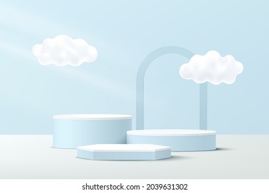 Abstract White, Blue 3D hexagonal and cylinder pedestal podium with cloud flying and arches backdrop. Pastel blue minimal scene for product display presentation. Vector geometric rendering platform.