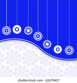 abstract white and blue background with a New Year's balls and snowflakes