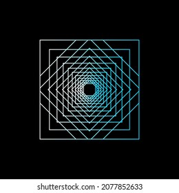 Abstract white and blue line square frame spirograph logo ethnic on the black background. Vector illustration.