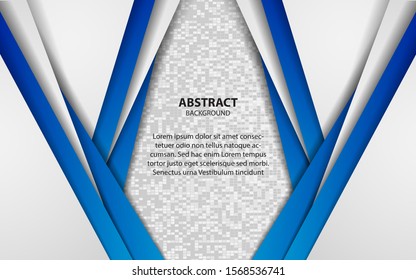 Abstract white and blue paper shapes overlapping with gray mosaic texture background. Modern vector design template concept for use corporate cover, banner, card, advertising, frame, flyer