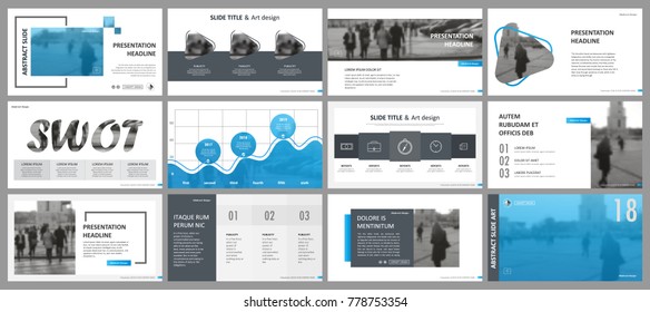 Abstract white, blue presentation slides. Modern brochure cover design. Fancy info banner frame. Creative infographic element set. Urban city font. Vector title sheet model. Ad flyer style template