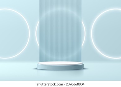 Abstract white and blue realistic 3D cylinder pedestal podium with illuminate ring neon and rectangle backdrop. Minimal scene for product display presentation. Vector rendering geometric platform.