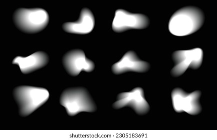 Resumen de formas borrosas blancas, formas geométricas abstractas con bordes suaves. Formas orgánicas borrosas. Varias formas de silueta con efecto desdibujado sobre el fondo negro