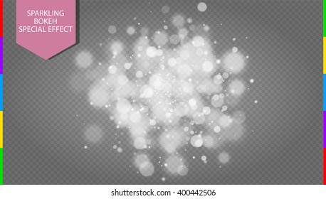 Abstract white bokeh effect explosion with sparks modern design. Glow star burst or firework light effect. Sparkles light vector transparent background. Christmas Concept. Flicker magic effect