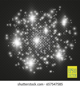Abstract white bokeh effect explosion with sparks modern design. Glow star burst or firework light effect. Sparkles light vector transparent background. Christmas Concept. Flicker magic effect