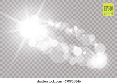 Abstract white bokeh effect explosion with sparks modern design. Glow star burst or firework light effect. Sparkles light vector transparent background. Christmas Concept. Flicker magic effect