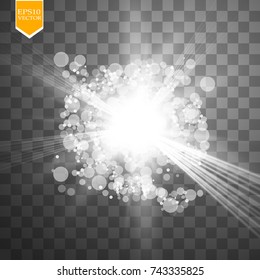 Abstract white bokeh effect explosion with sparks modern design. Glow star burst or firework light effect. Sparkles light vector transparent background. Christmas Concept. Flicker magic effect