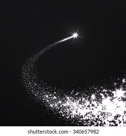 Abstract White Bright Falling Star - Christmas Star -  Shooting Star with Twinkling Star Trail on Dark, Black Background - Meteoroid, Comet, Asteroid - Backdrop Vector Illustration 