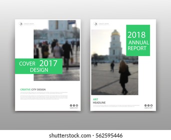 Abstract white brochure cover design. Green square info banner frame. Fancy ad flyer font. Title sheet model set. Modern vector front page. Creative urban city texture. Pedastrian people figure icon