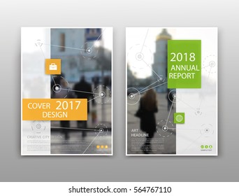 Abstract white brochure cover design. Yellow, green square info banner frame. Fancy ad flyer font. Title sheet model set. Modern vector front page. Creative urban city texture. Pedestrian people icon