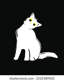 Abstractas gato blanco sentado y mirando, mirando fijamente. Estilo de boceto Doodle. Carácter animal lindo, adorable. Ilustración vectorial dibujada a mano. Elemento de diseño aislado. Logotipo, icono, impresión, Plantilla de diseño.