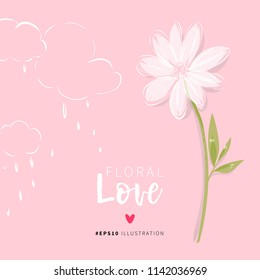 Abstract white chamomile flower vector illustration with rainy clouds on pink background  for romantic floral summer design