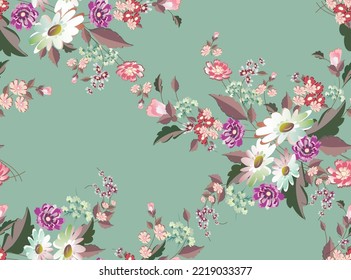 Abstract white chamomiles and other pink, purple and red field (garden) flowers (daisies, Cosmos) in pastel colors on a mint green background. Seamless pattern for textiles, fabrics, wallpaper design.