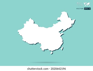 Abstract white China map and black shadow on green background vector.