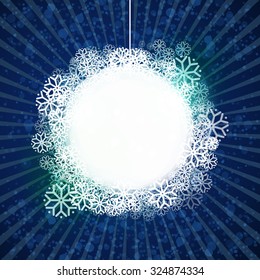 Abstract white Christmas ball at Blue background. Winter vector illustration. Label with snow.