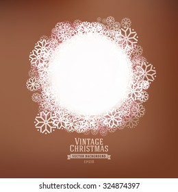 Abstract white Christmas circle label at vintage background. Winter vector illustration. Banner with snow. Old style holidays illustration.