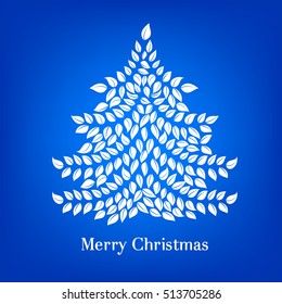 Abstract white christmas tree and merry Christmas text. Vector illustration isolated on blue background. 