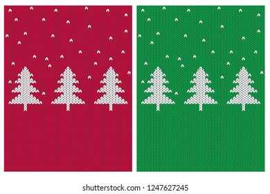 Abstract White Christmas Trees. Cute Knitted Fabric Style Vector Illustration. Red, Green and White Simple Design. Red and Green Background. Sweater Like Motif. 
