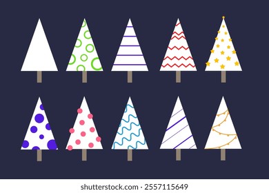 Abstract white Christmas trees with decor. Vector illustration
