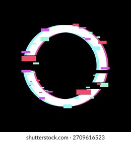 Círculo blanco Abstractas con efecto de fallo digital que crea un marco artístico moderno sobre un fondo negro, que representa el error tecnológico, la ciberseguridad y la interrupción visual