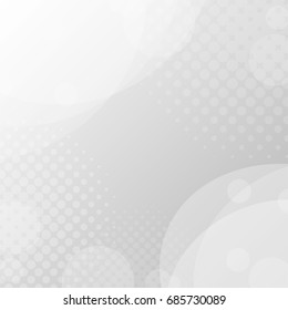 Abstract white circles overlap on gray background with halftone dots. Vector illustration