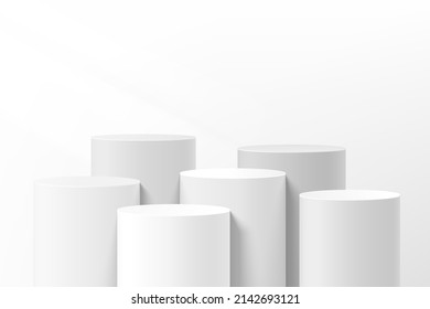 Abstract white clean 3D room with steps realistic gray and white cylinder stand podium group. Minimal wall scene for product mockup display presentation. Vector geometric forms. Stage for showcase.