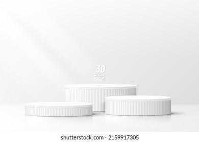 Abstract white clean 3D room with set of realistic steps cylinder pedestal podium. Minimal wall scene for mockup product display. Vector rendering geometric forms. Stage for showcase. Vector EPS10.