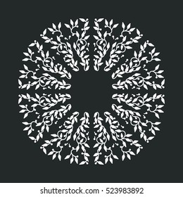 Abstract white color frame design, isolated template on black background. Circle made emblem with leaves. Spa concept monogram, natural badge. Vector decoration for fashion, cosmetics, beauty industry