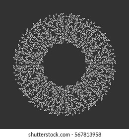 Abstract white color frame design, isolated template, black background. Circle made emblem with leaves. Spa concept monogram in linear style. Vector decoration for fashion, cosmetics, beauty industry.