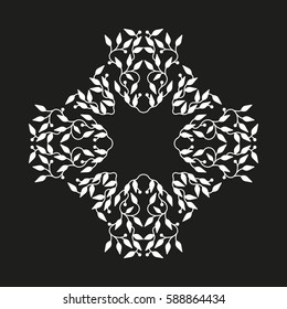 Abstract white color frame design, isolated template on black background. Circle made emblem with leaves. Spa concept monogram, natural badge. Vector decoration for fashion, cosmetics, beauty industry