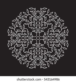 Abstract white color logo design, isolated template on black background. Circle made emblem with leaves. Spa concept monogram in linear style. Vector decoration for fashion, cosmetics, beauty industry