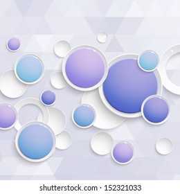 Abstract white and colored paper shiny circles with shadows on a triangular background. Blue background for holiday card. Vector illustration.