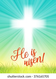 abstract white cross with rays and text He is risen, christian easter motive, illustration
