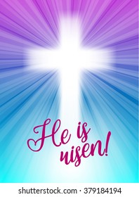 abstract white cross with rays and text He is risen, christian easter motive, illustration